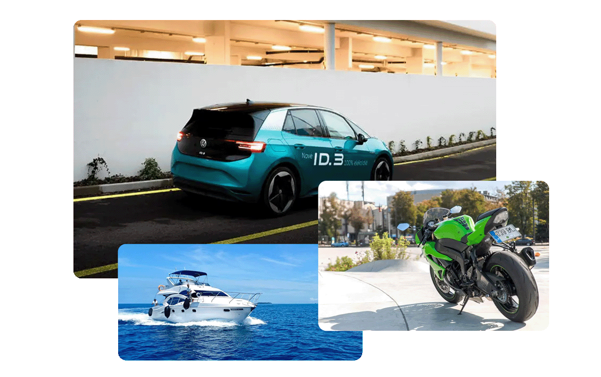 Drei Fotos von Auto, Boot und Motorrad